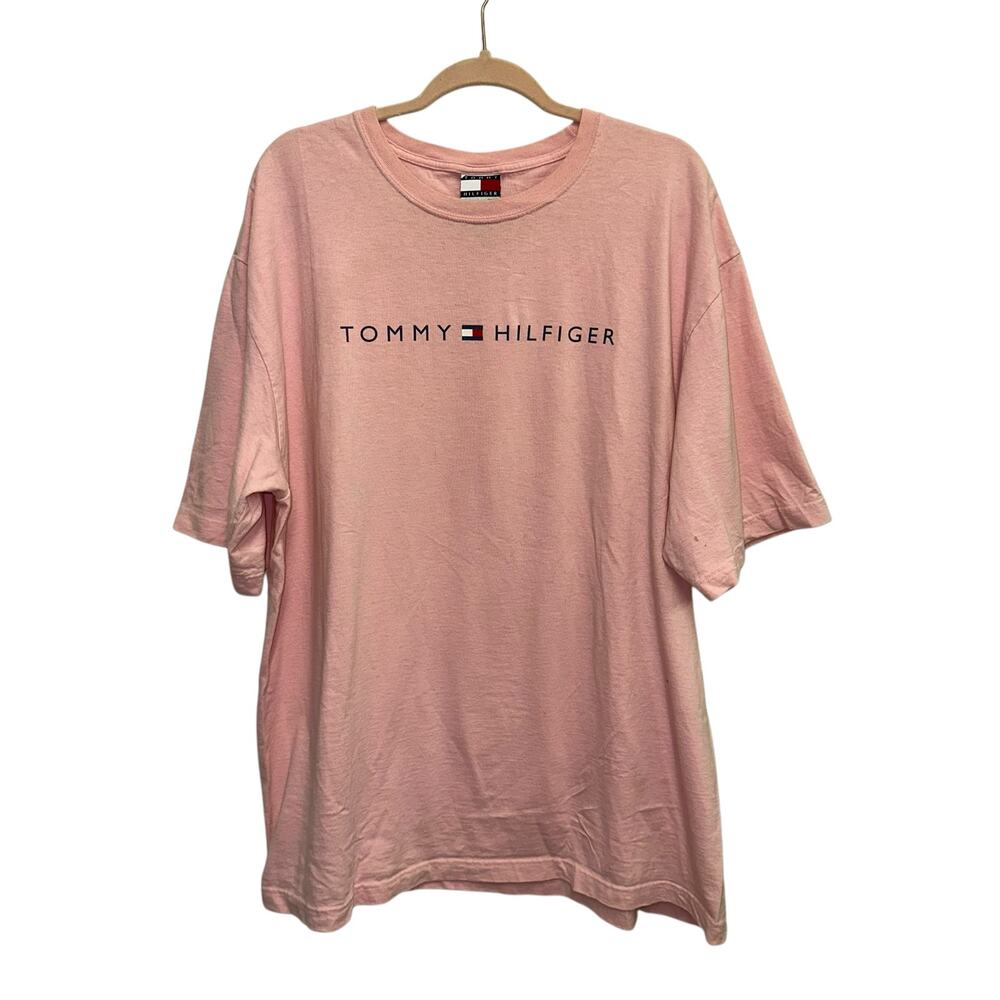 Vintage Tommy Hilfiger Pink Logo T-Shirt XXL‎ 100% Cotton Oversized Y2K Tee